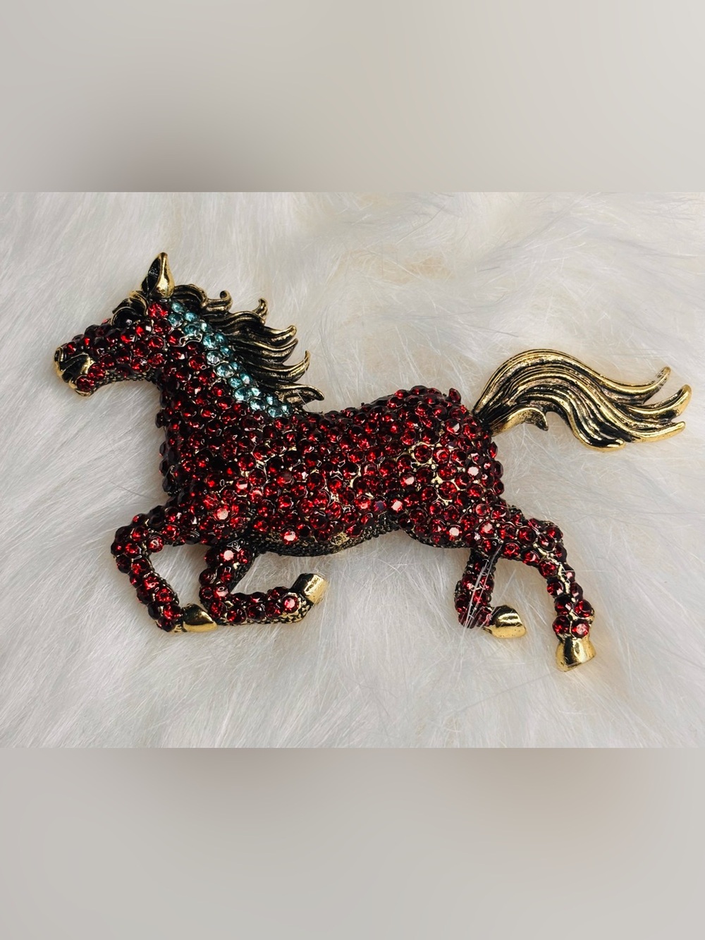 🐎 Red Rhinestone Running Horse Brooch Large